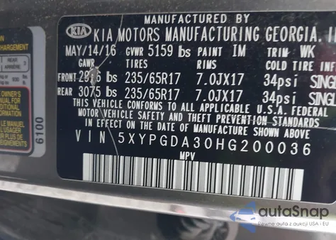 2017 Kia Sorento 2.4L Lx z USA, uszkodzony, nr VIN 5XYPGDA30HG200036